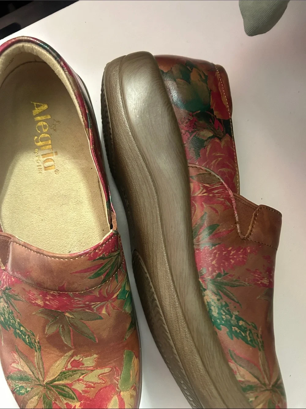 Alegria Pink and Green Floral Leather Slip-Ons